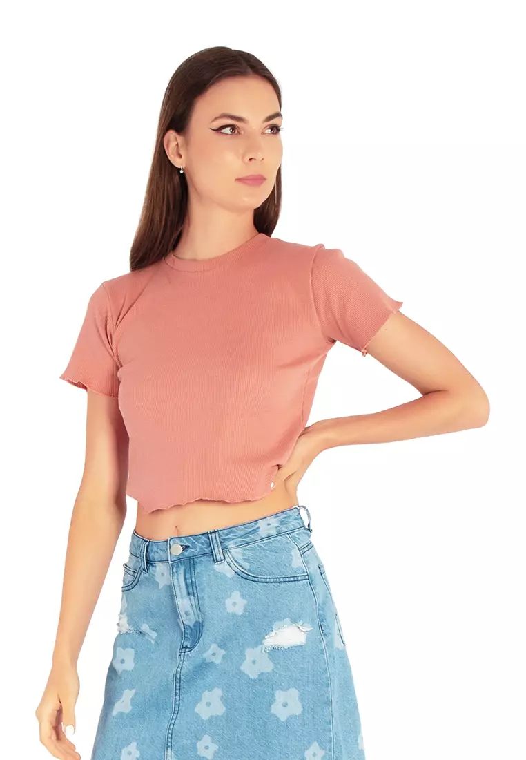 Brown Crew Neck Rib Knit Top