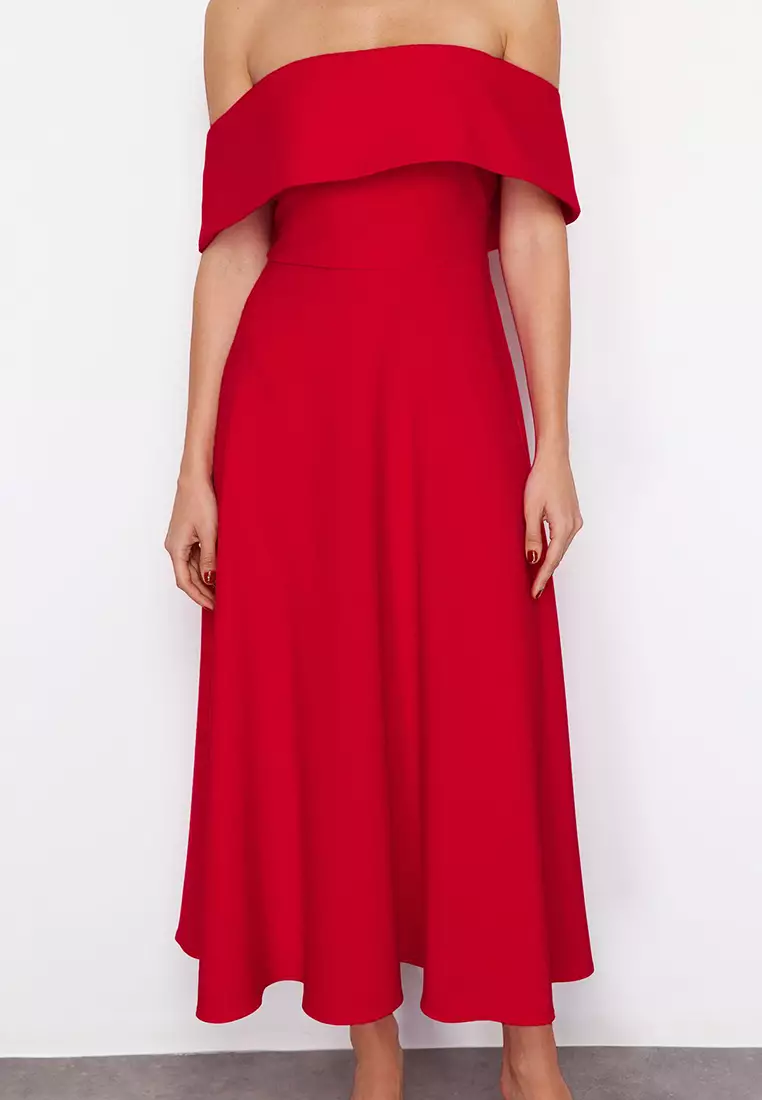Red Collar Detail A Line Stylish Evening Dress