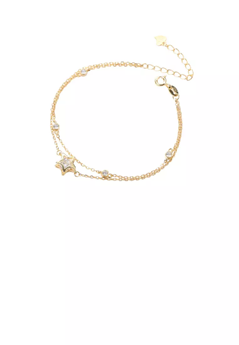 925 Sterling Silver Plated Gold Fashion Simple Star Double Layer Bracelet with Cubic Zirconia