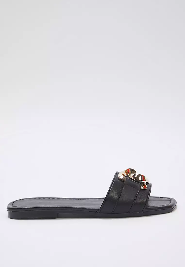 Black Chain Accessory Detailed Flat Women's Slippers Takss25Te00023