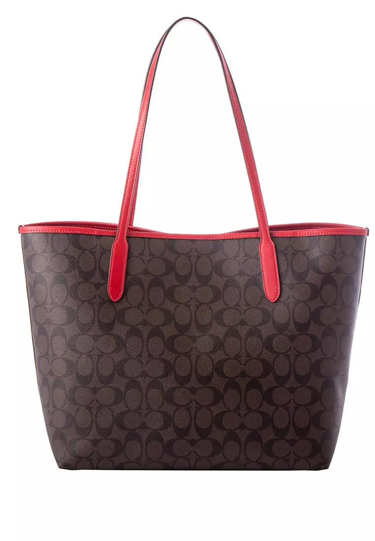 Coach 5696 City Tote Bags In Signature Canvas Brown 1941 Red, Women