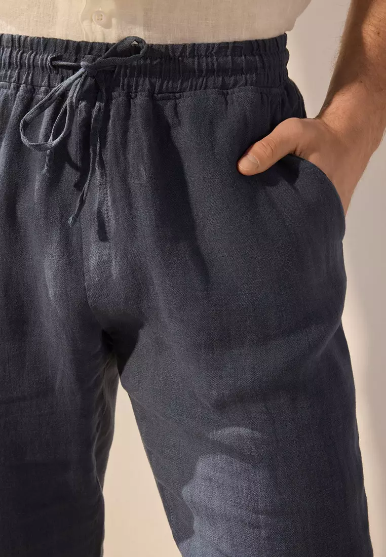 Navy Blue Limited Edition 100% Linen Regular Fit Trousers TMNSS24PL00018