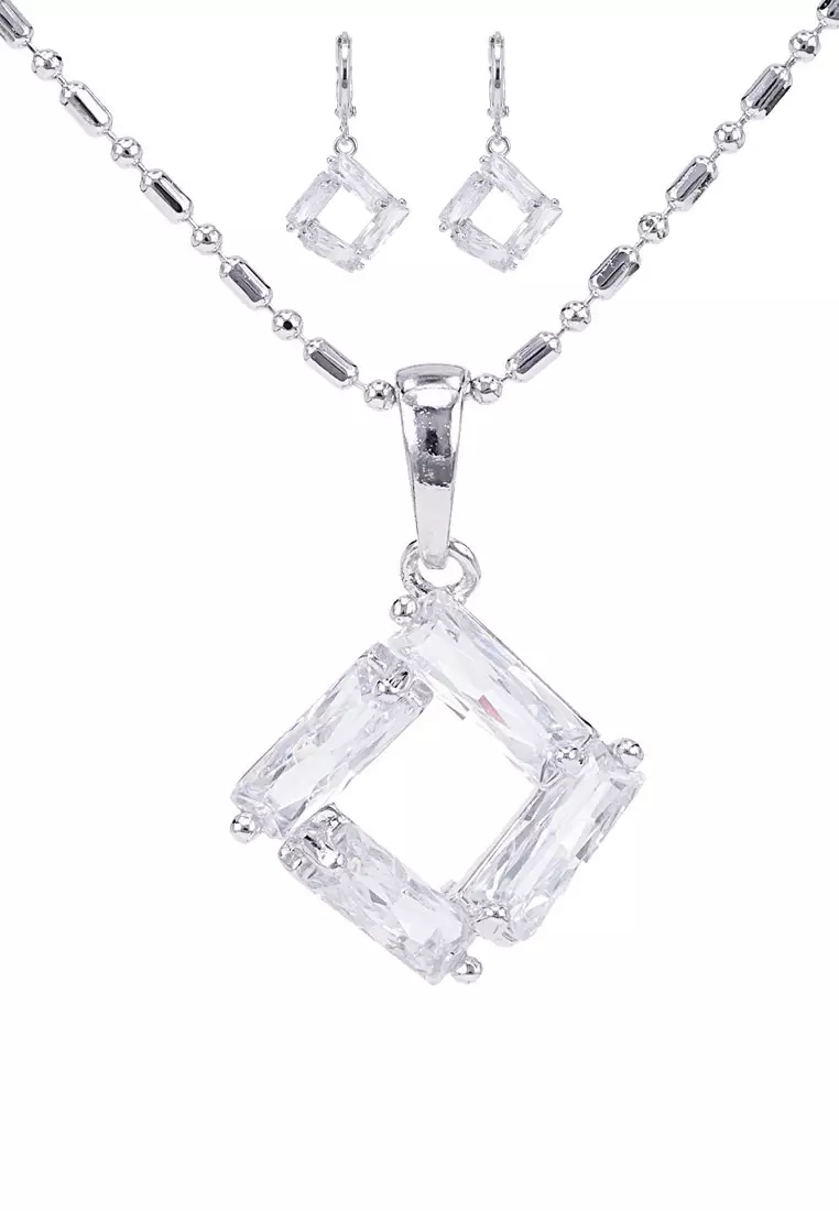 SO SEOUL Callista Picture Frame Diamond Simulant Zirconia Hoop Earrings with Pendant Chain Necklace Jewelry Gift Set
