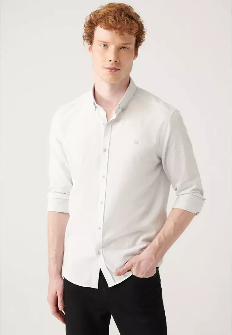 Men's Grey Button-Down Collar 100% Cotton Linen Textured Shirt E002141