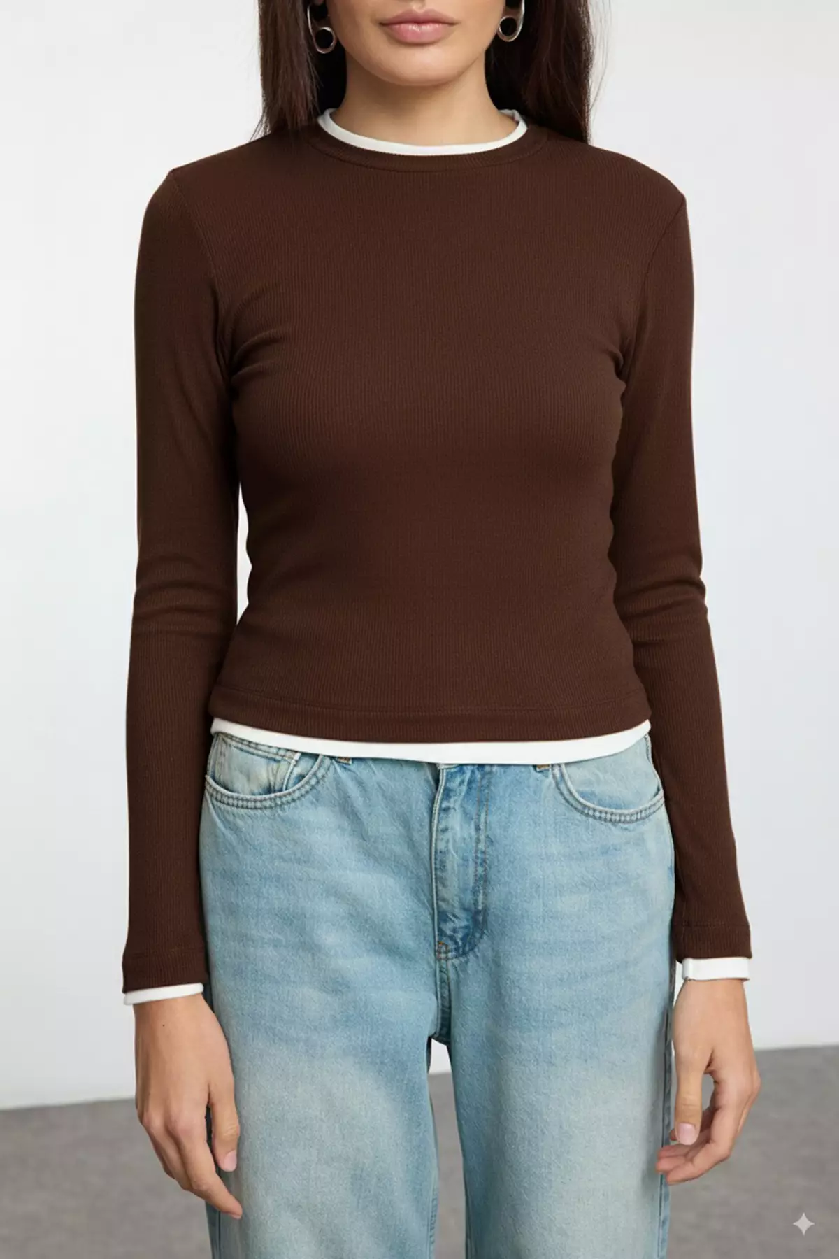 Brown Color Block Fitted/Body-Smoothing Viscose/Soft Fabric Flexible Knitted Blouse