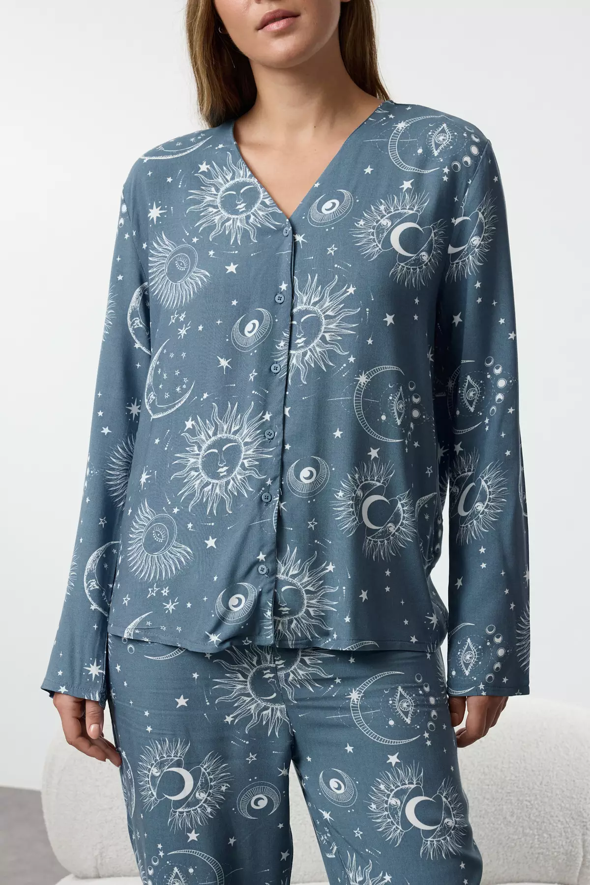 Women's Couple Blue Galaxy Patterned Viscose Woven Pajama Set