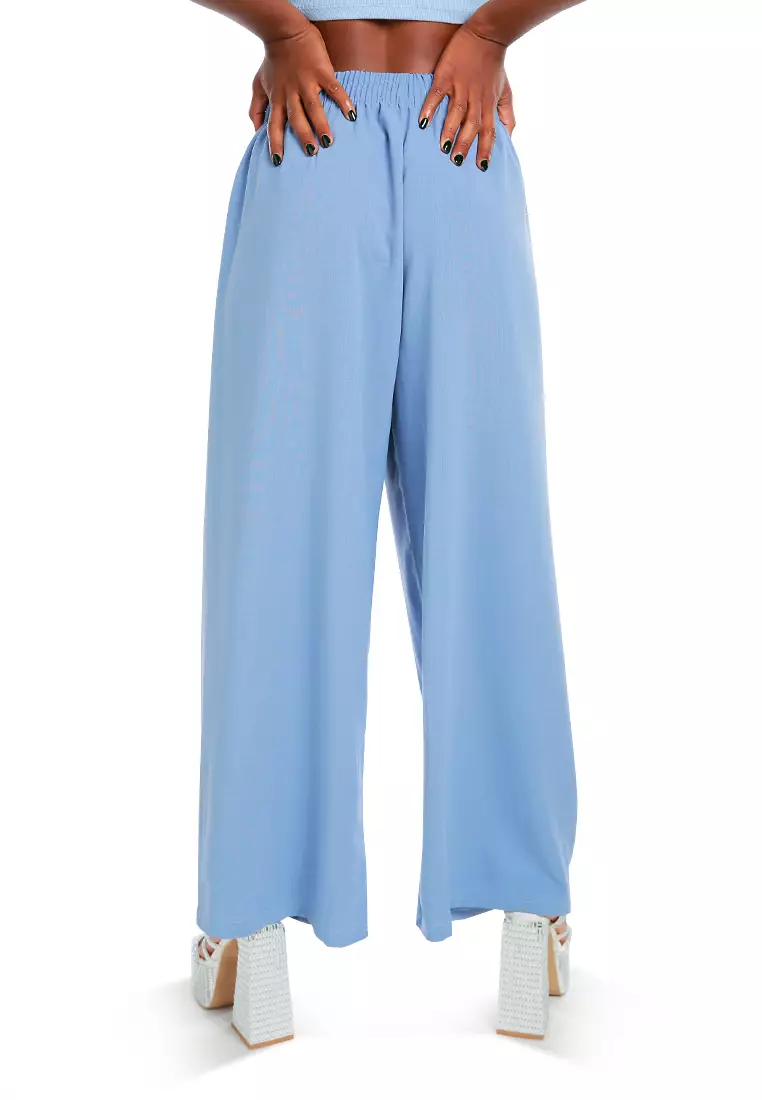 Blue High Waisted Solid Wide Trouser Pants