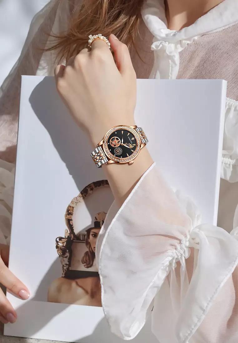 Jam Tangan Wanita E055 Korea Mewah Kuarsa Bercahaya Tali Paduan Jam Tangan Cewek Original black