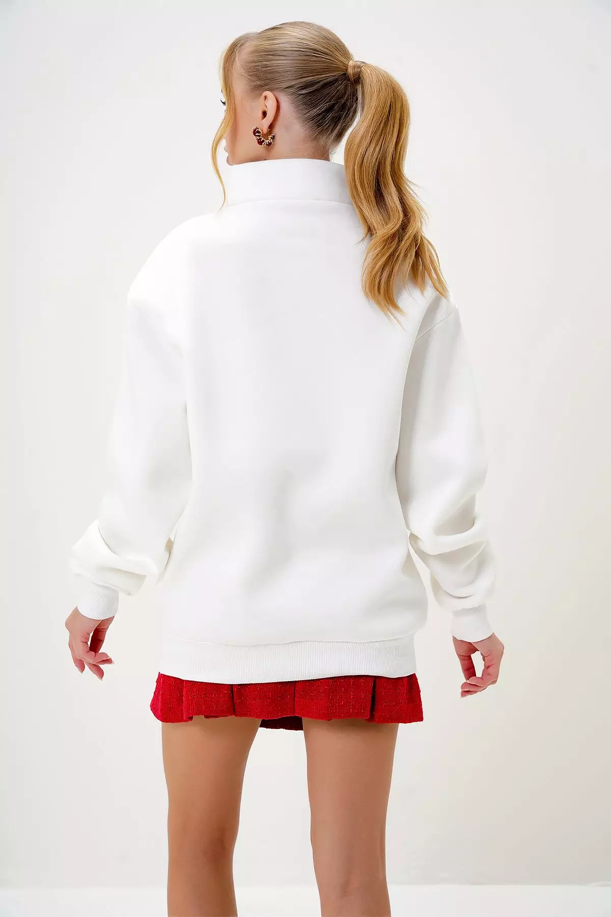 Women's Ecru Half Turtleneck Zippered Front Embroidered Inside Out Sweatshirt