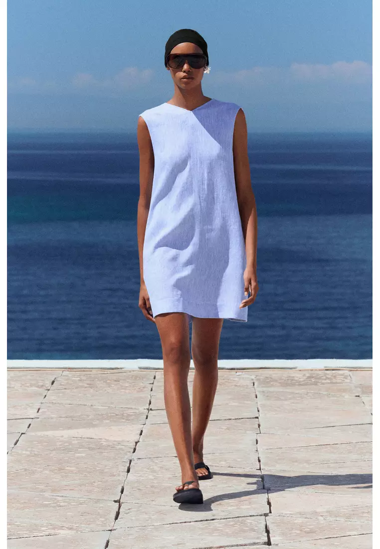 V-NECK OPEN-BACK LINEN MINI DRESS