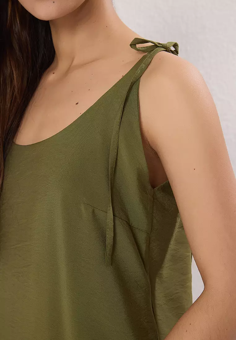 Khaki Straight Cut Slit Strap Midi Woven Dress TWOSS23EL00413