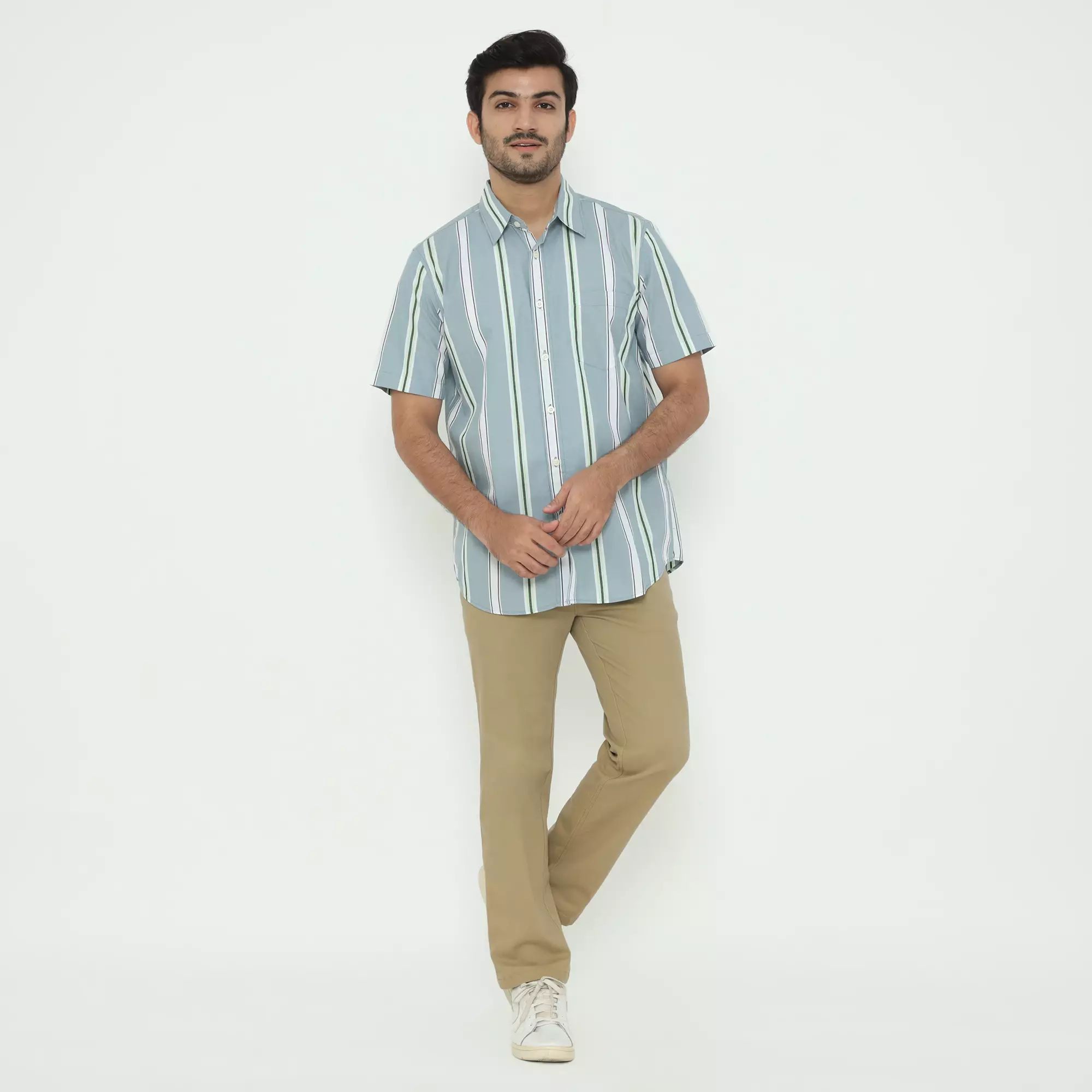 Platini Kemeja Motif Salur Pria Lengan Pendek Katun 73607.21 BLUE