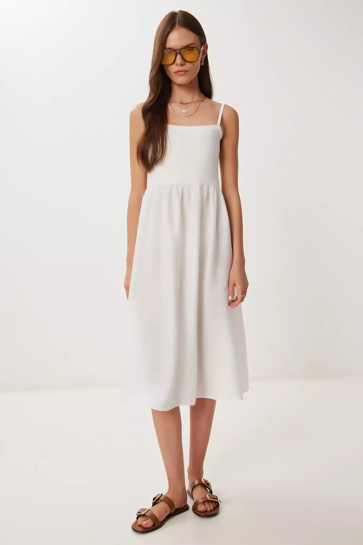 Women's Ecru Strap Summer Midi Ayrobin Dress Dd01357
