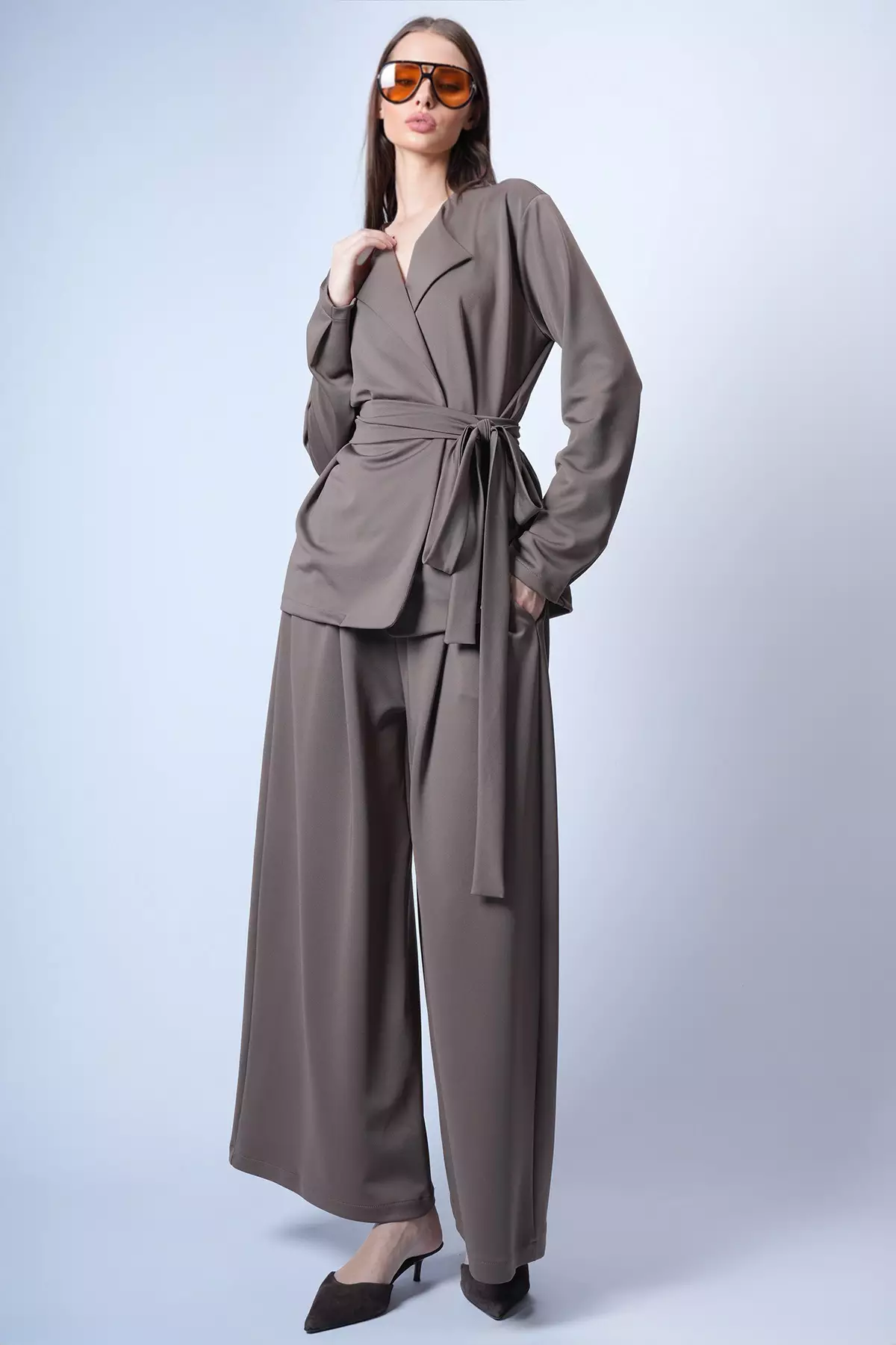 Brown Self-Belted Long Jacket And Double Pocket Trousers Set Alc-X15042