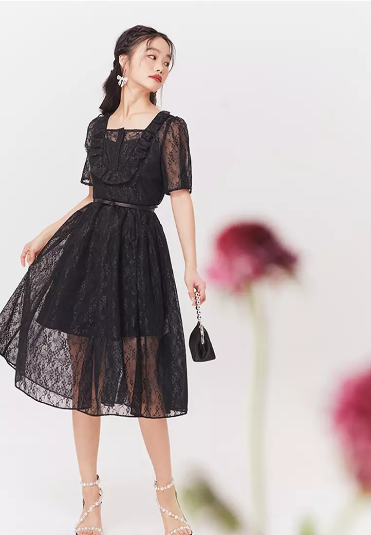 Square Neck Short Sleeve Lace Cocktail Dress