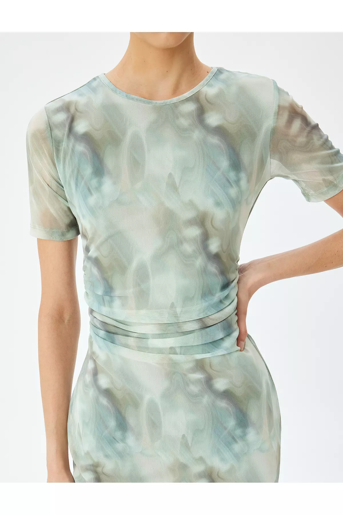 Abstract Print Draping Detail Short Sleeve Crew Neck Slim Midi Length Dress