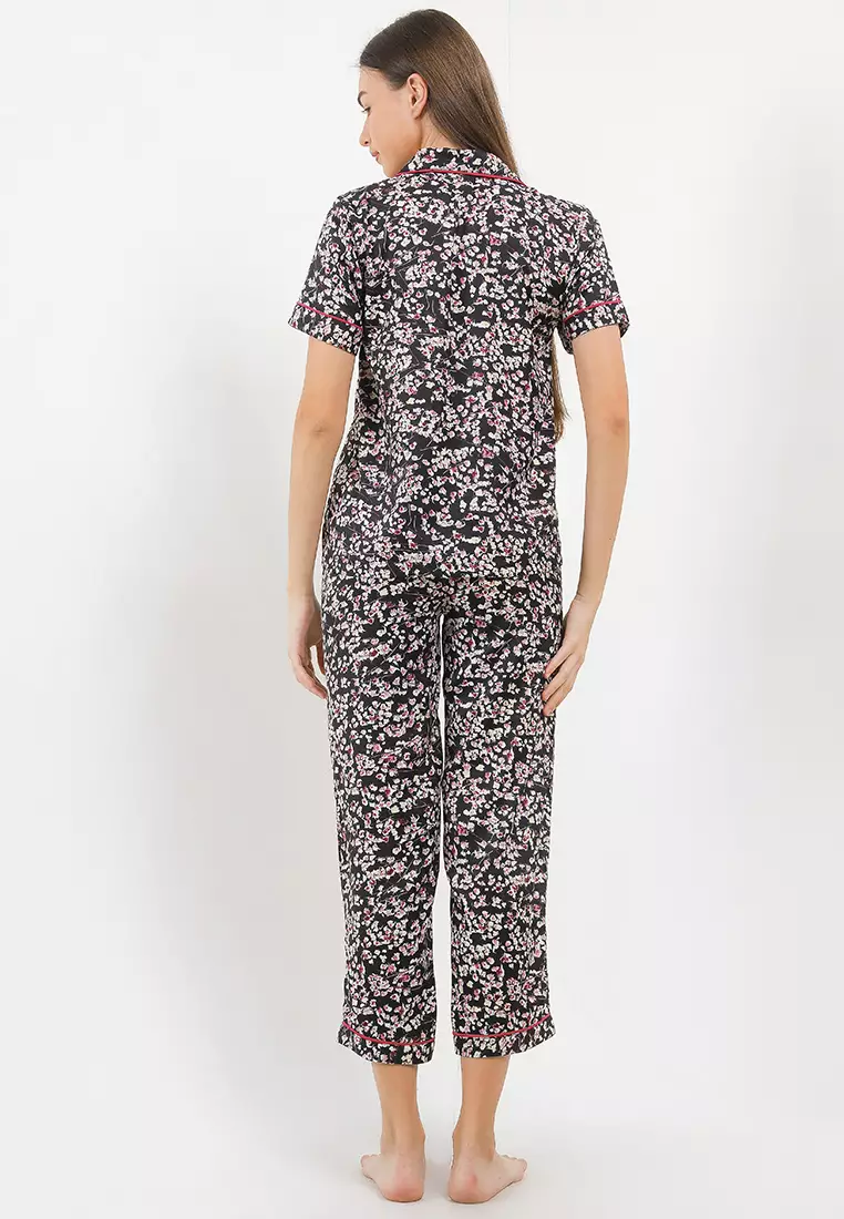 Piyama Pijama Baju Tidur Satin Silk Short Sleeve Long Pants Sleepwear