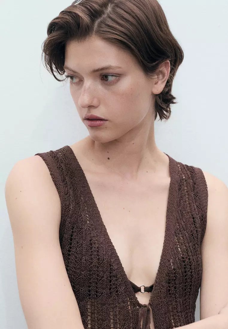 Openwork Knitted Waistcoat With Bow Closure