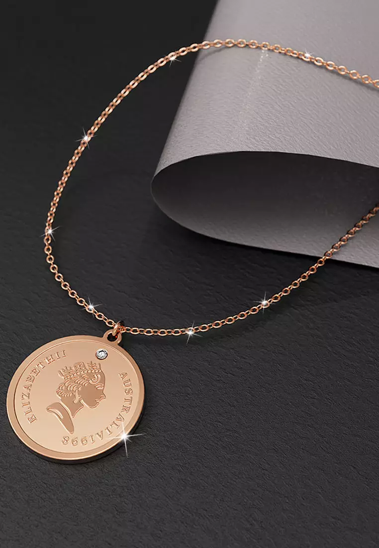 Queen E Medallion Necklace in Rose Gold Plated Titanium with Genuine 0.005ct Diamond