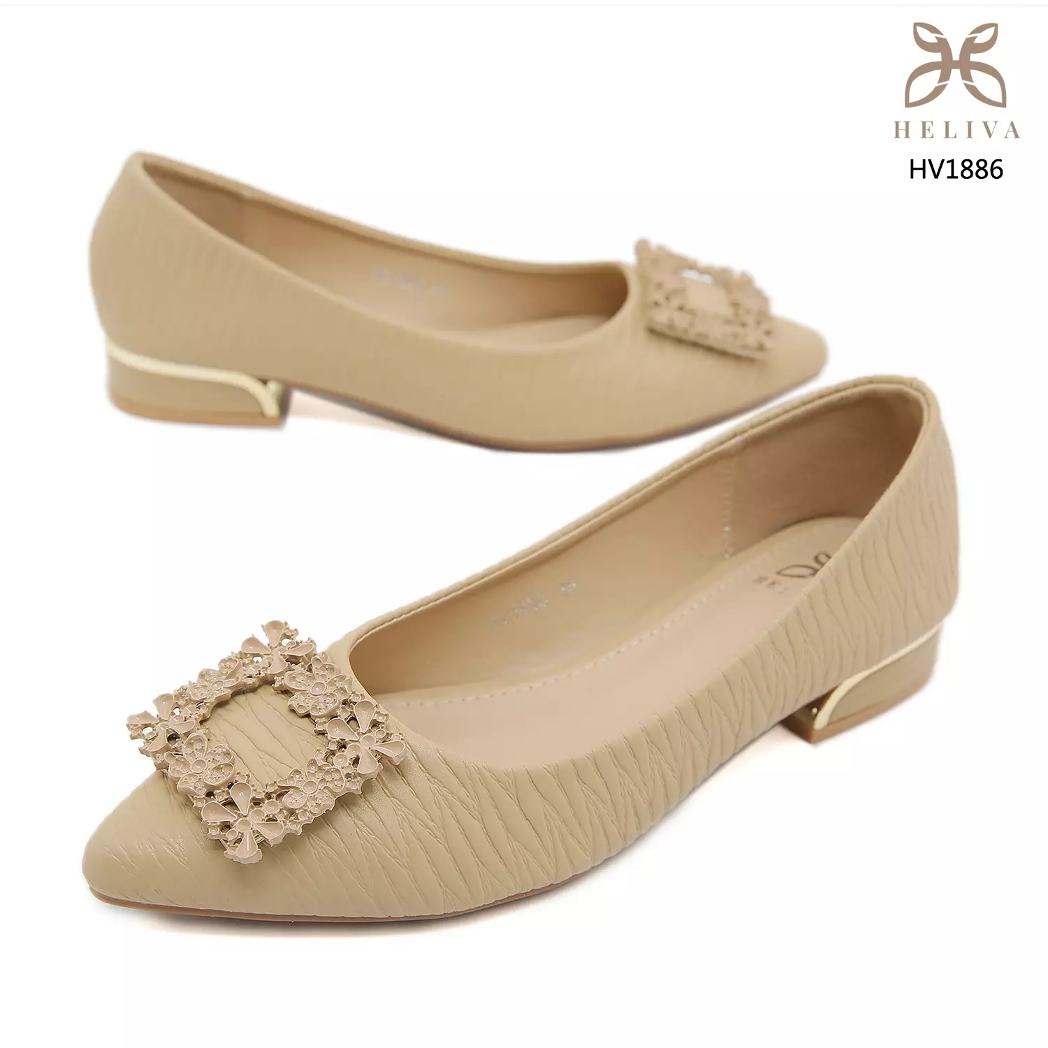 Heliva Sarah Women Shoes Heel chunky Wood Grain Pattern Frame Flower Sol 2.5cm HV1886