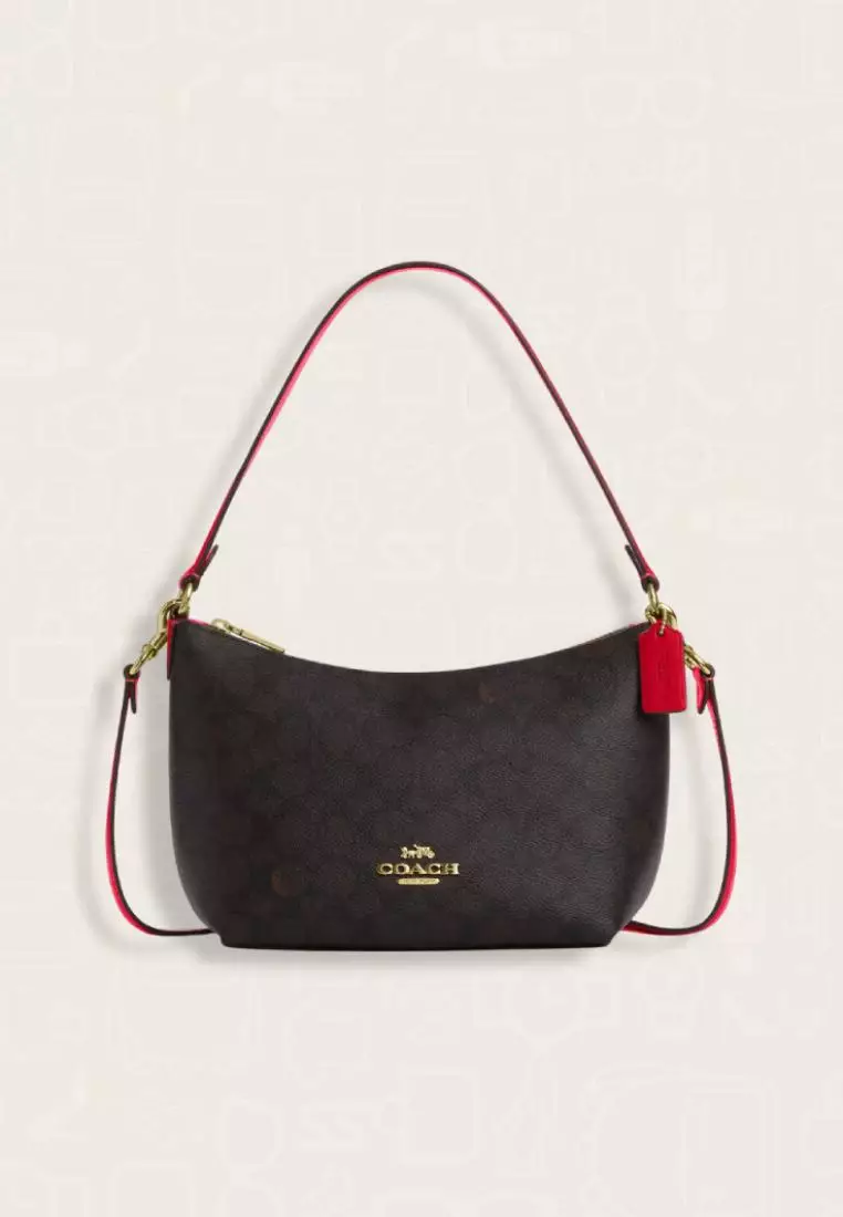 Coach Zip Top Shoulder Bag In Signature Canvas Walnut Bold Red