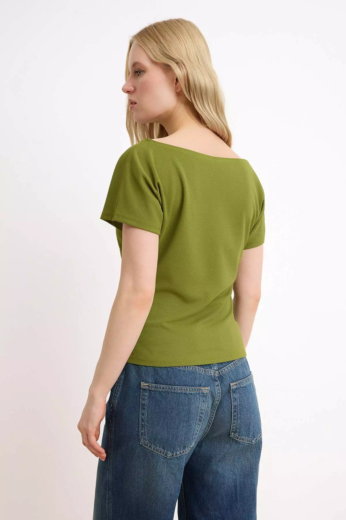Oil Green Fitted/Bodycon Boat Neck Low Shoulder Short Sleeve Scuba Crepe Knitted Blouse Twoss26Bz8