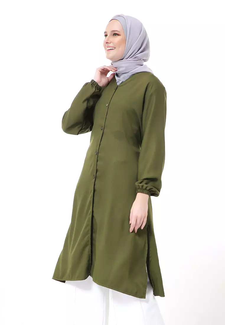 Indira Long Tunik Muslimah Atasan Wanita Long Sleeve Casual Premium Quality - Army