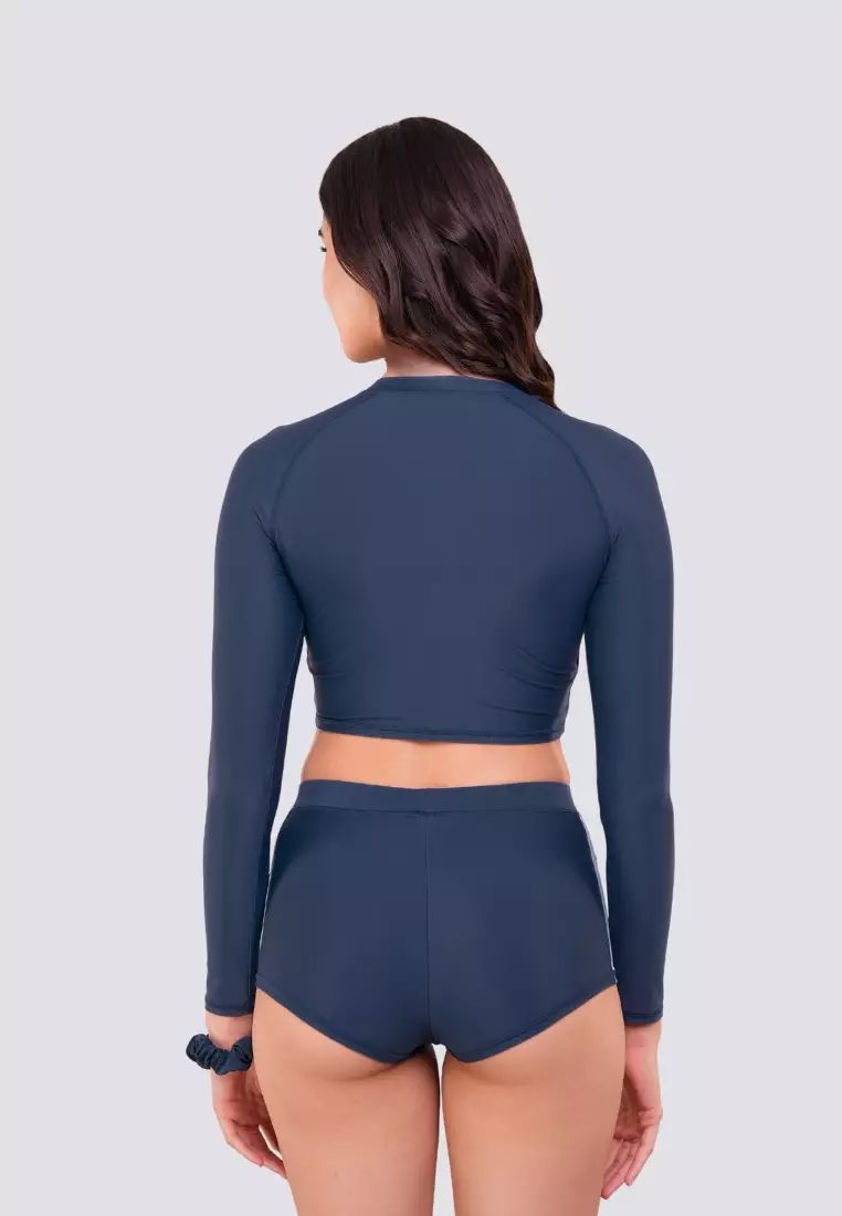Blue Daisy Cropped Rashguard Boyleg Set Swimwear for Women