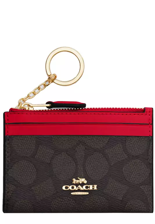 Mini Skinny Id Case In Signature Canvas in Walnut/ Bold Red CW870