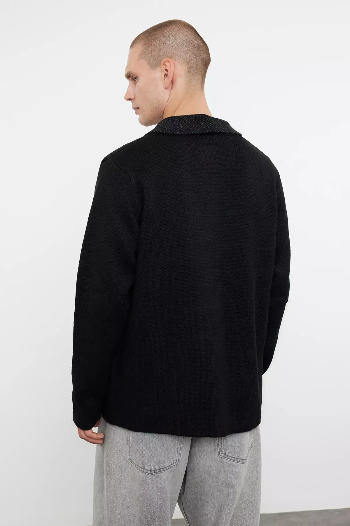 Black Regular Woolen Jacket Collar Plain Knitwear Cardigan Tmnaw22Hi0140