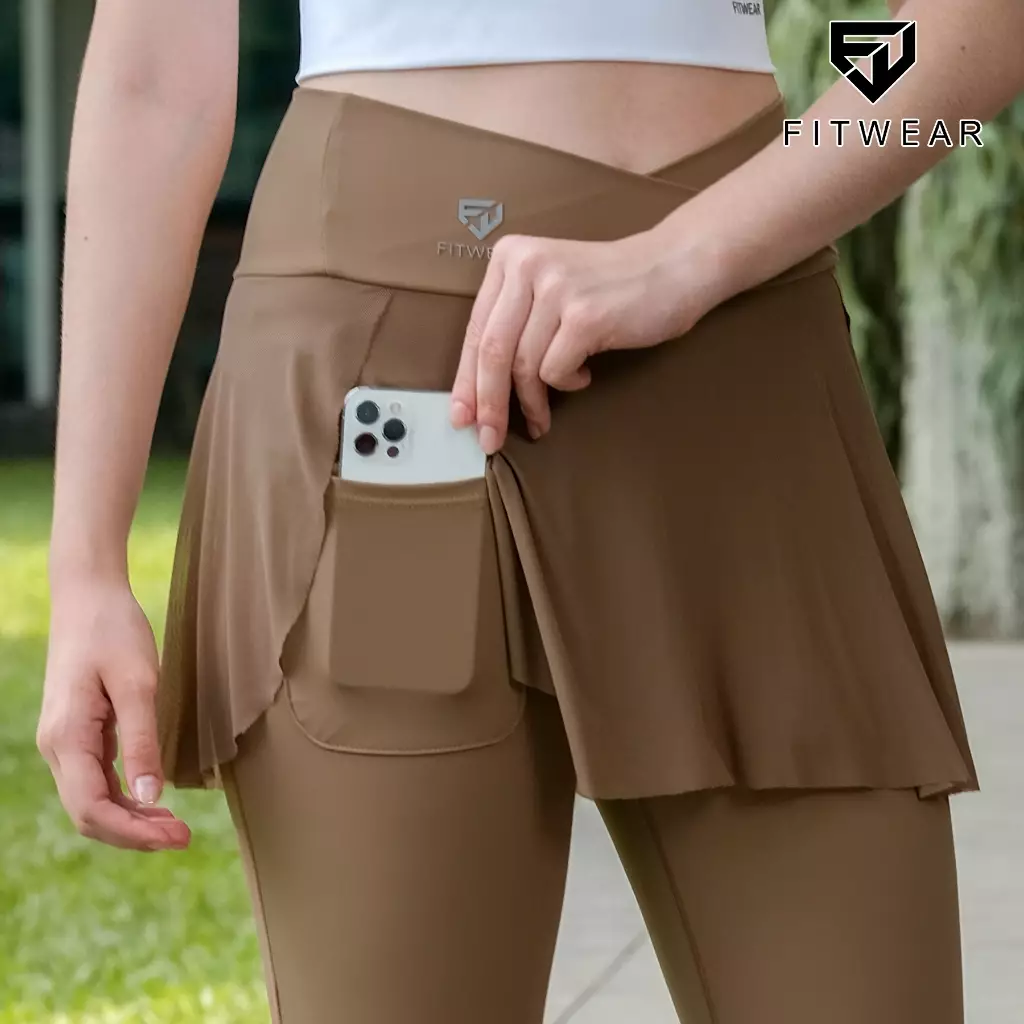 Fitwear Rok + Legging Olahraga Padel Wanita GRACE COMPRESSION MESH - CHOCO V-WAIST