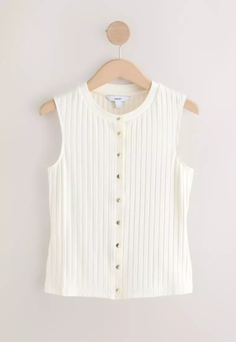 Ribbed Button Through Sleeveless Top