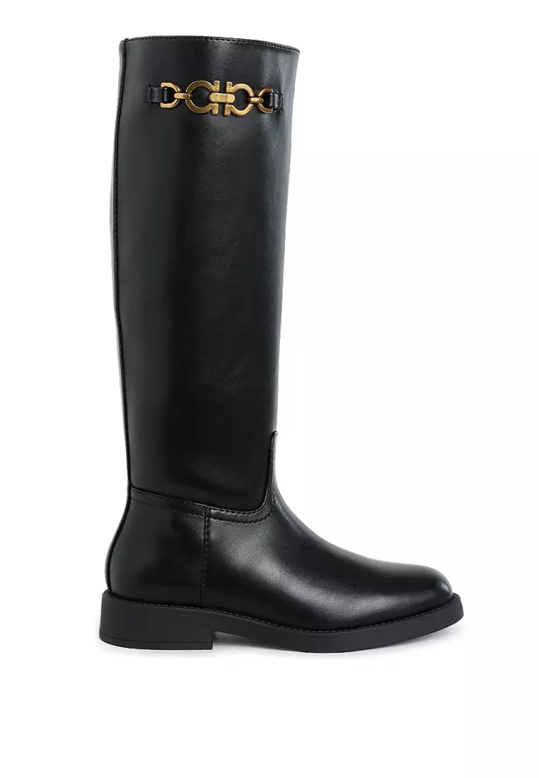 London Rag Metal Chain Link Detail Calf Boots in Black