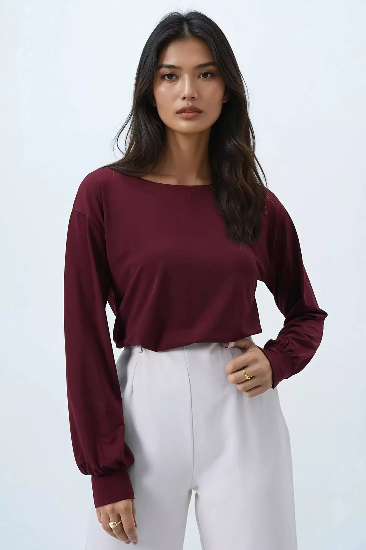 Women's Burgundy Boat Neck Sleeves Cuffed Blouse Alc-X14393