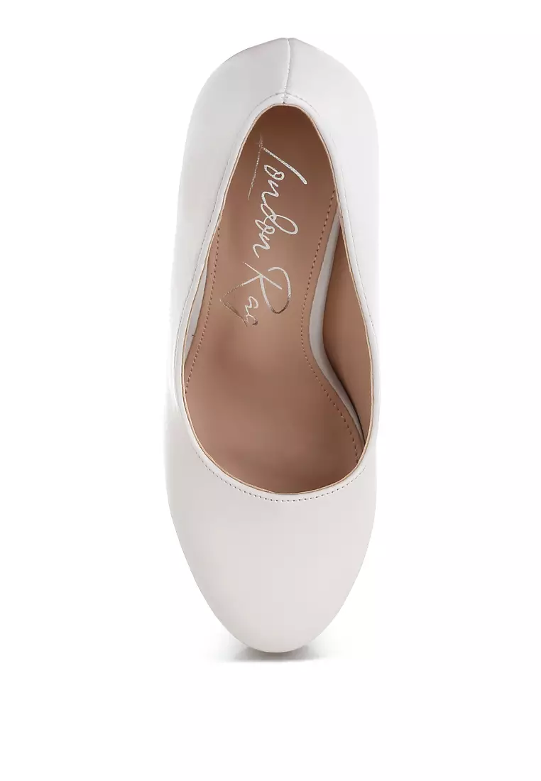Faux Leather Block Heel Pumps In White