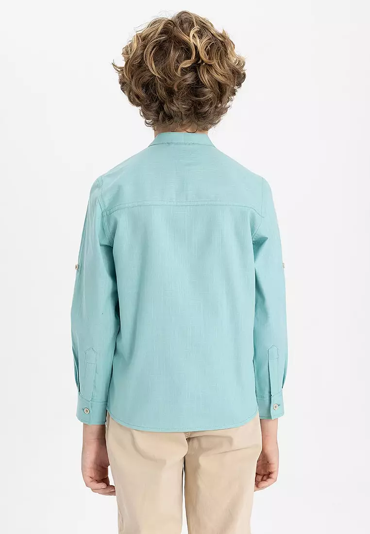 Stand Collar Linen Look Basic Long Sleeve Shirt