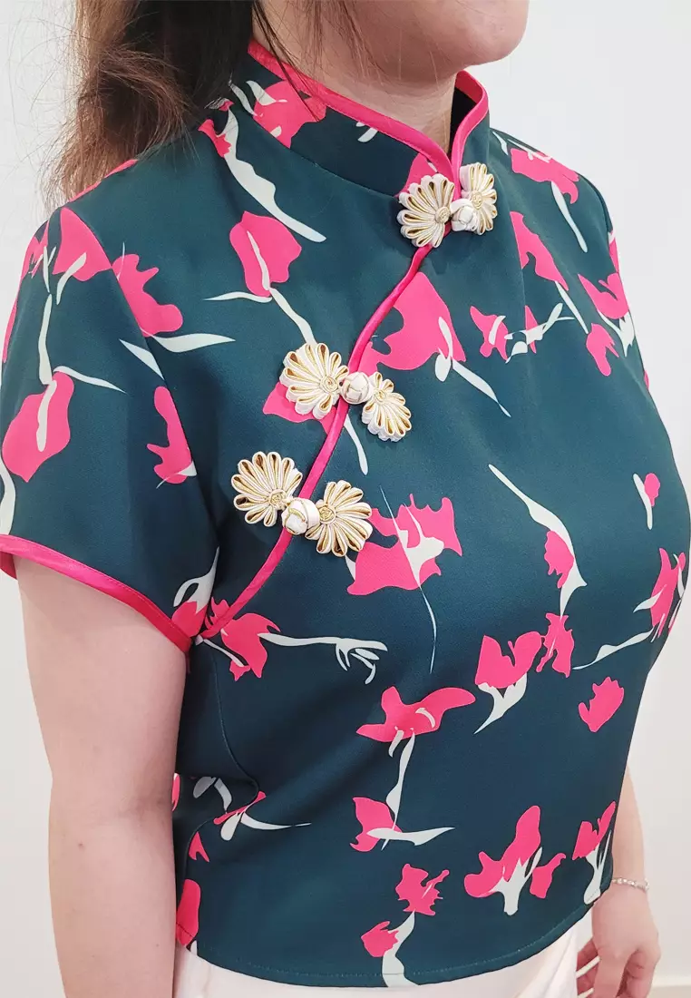 Ivory Cheongsam Top in Dark Green Pink Printed