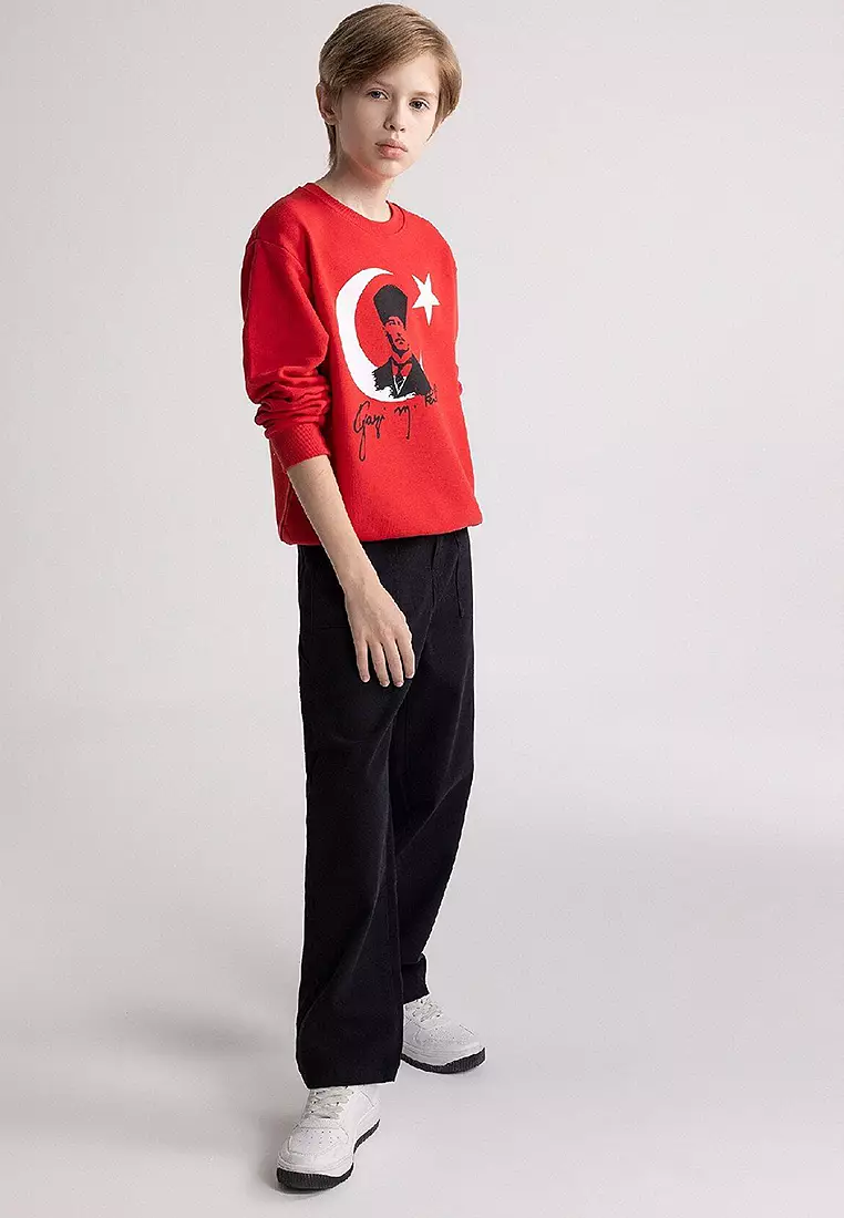 Crew Neck Atatürk Printed Red Sweatshirt