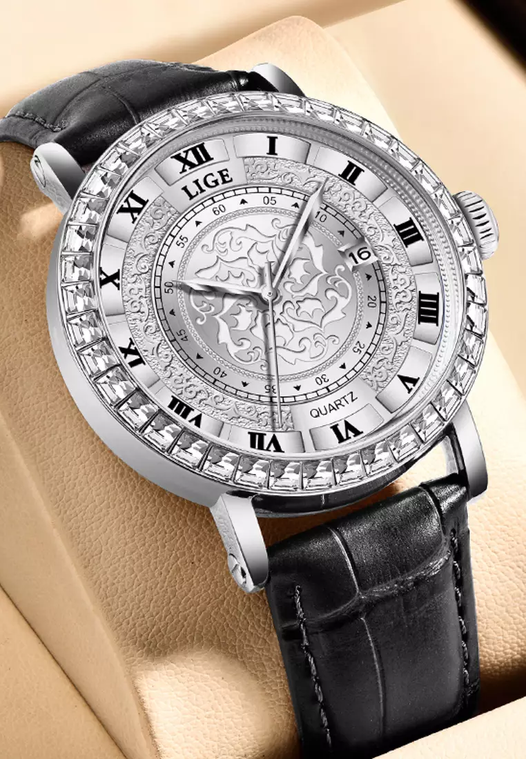 Unisex Quartz Watch, Crystal Paved 42mm watch case, Leather Strap