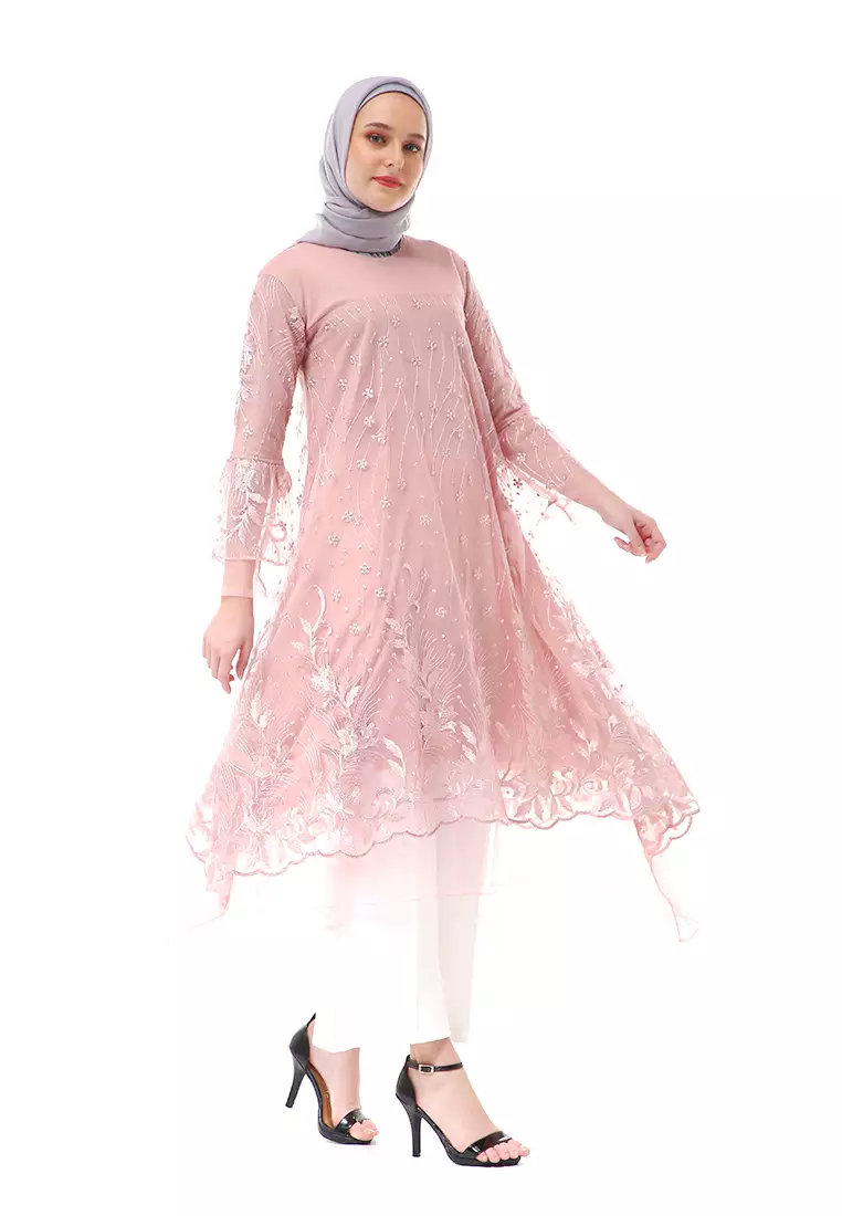 Laika Dress Muslimah Brukat Long Sleeve High Quality Premium Wanita - Rose Gold