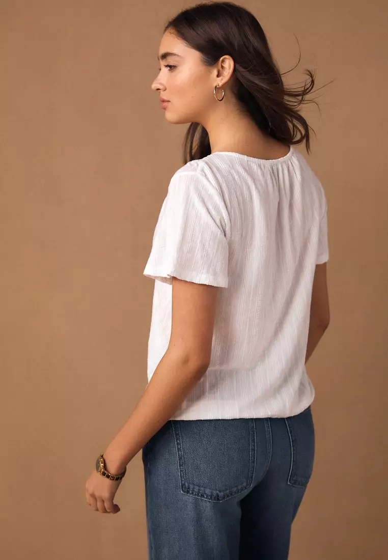 Short Sleeve Notch Neck Shirred Bubblehem T-Shirt