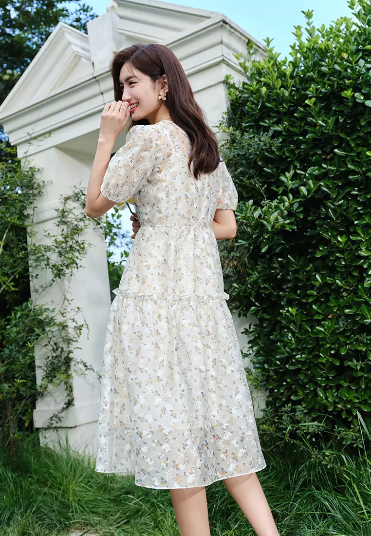 Summer Puff Sleeve A-Line Tiered Floral Dress