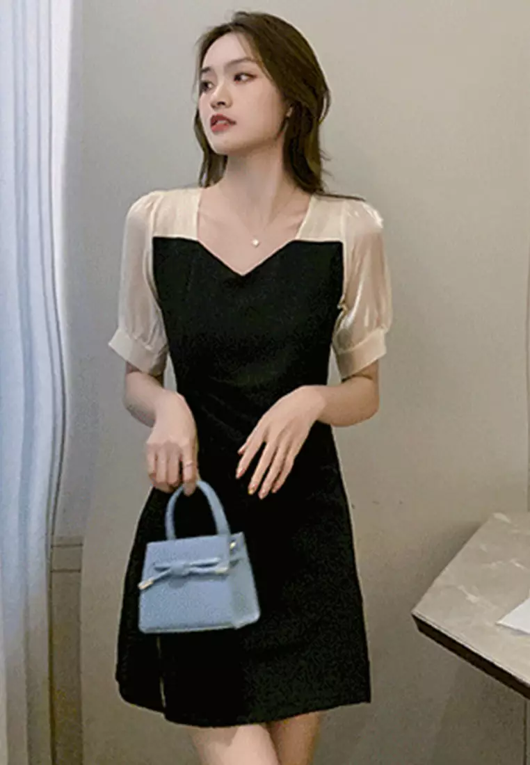 Buy Sunnydaysweety Elegant Chiffon Sitching V-neck Black One-Piece ...