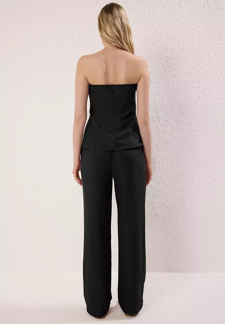 Black Linen Look Strapless Blouse And Pants Bottom Top Set