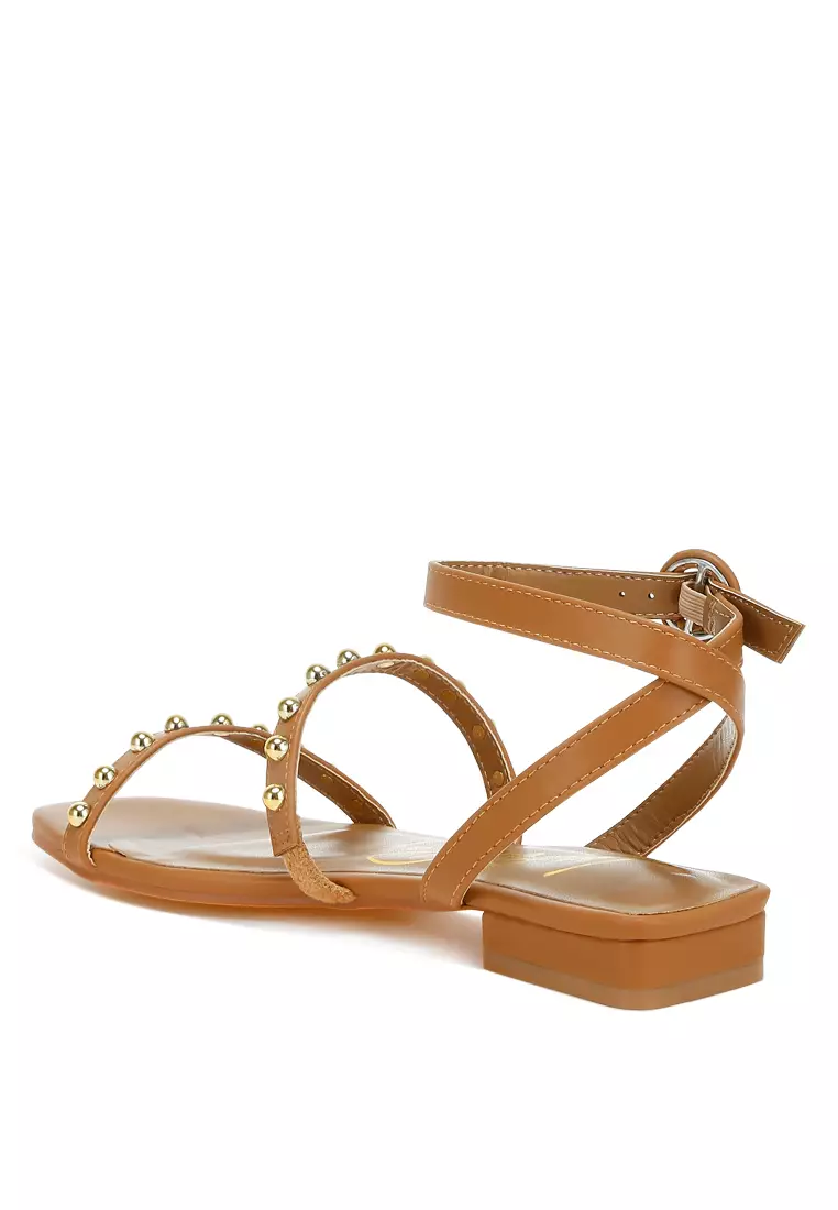 Studded Ankle Strap Flat Sandals in Tan