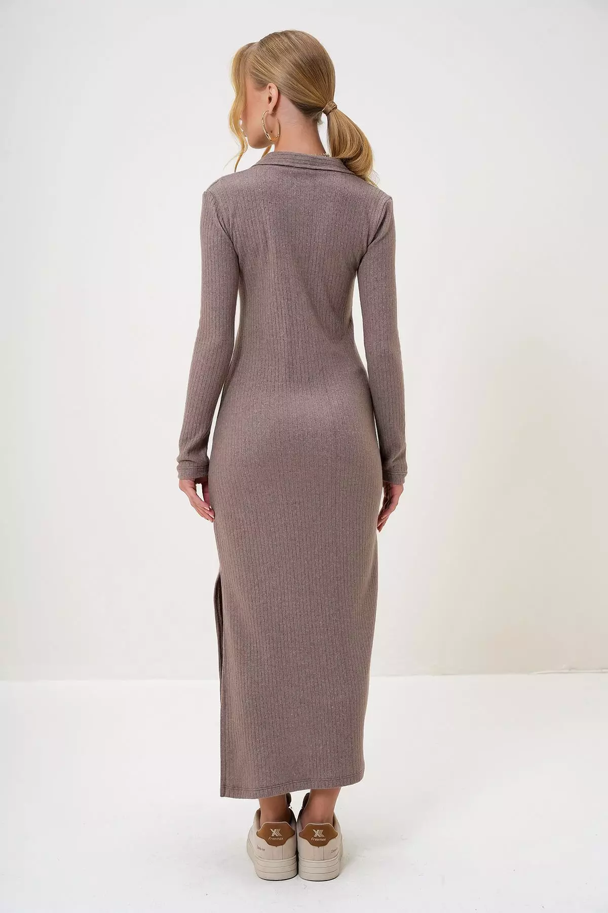 Women's Mink Polo Collar Half Placket Side Slit Interlock Fabric Dress