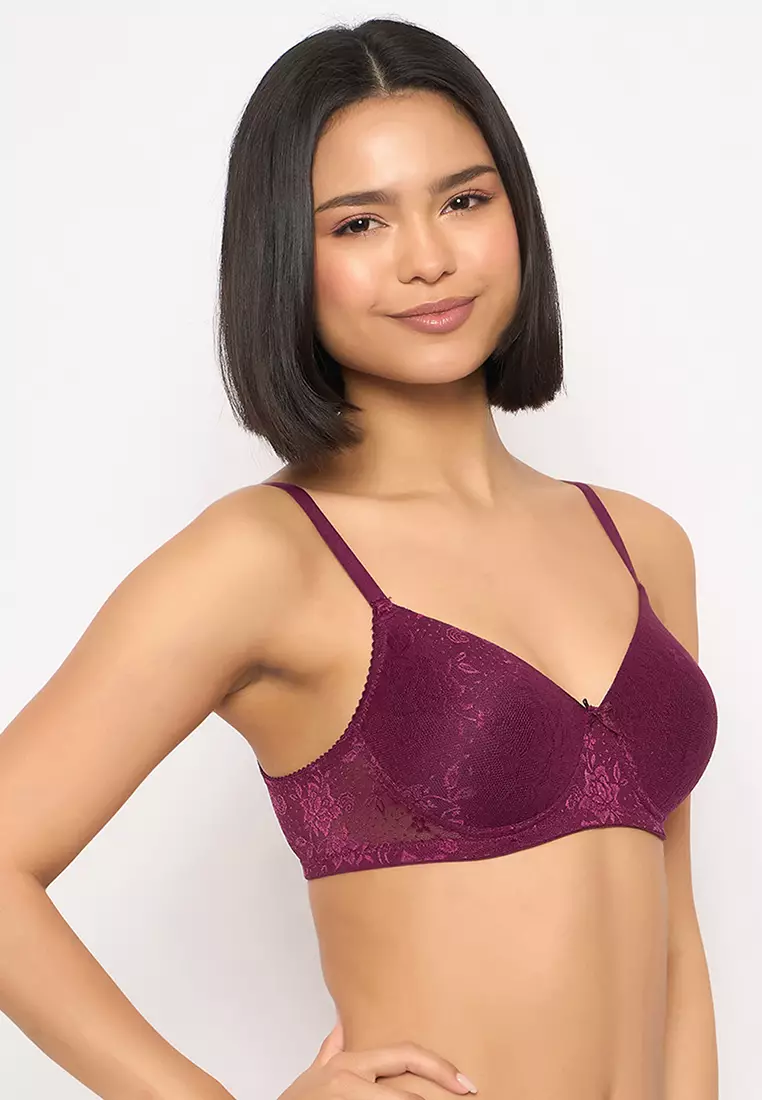 Clovia Lace Padded Non-Wired Full Coverage Bra in Purple