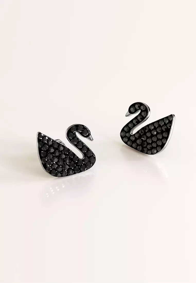 Solid 925 Sterling Silver Jet Swan Stud Earrings - Silver/Black