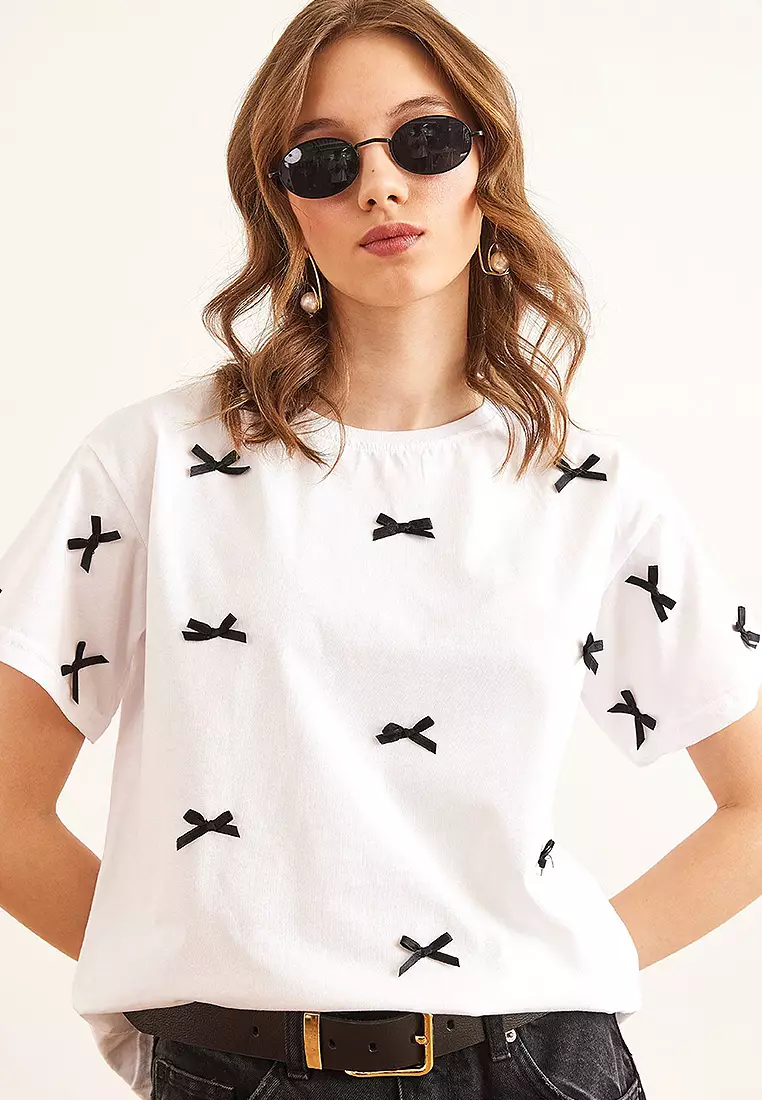 Bow Detailed Regular Fit Cotton T-Shirt