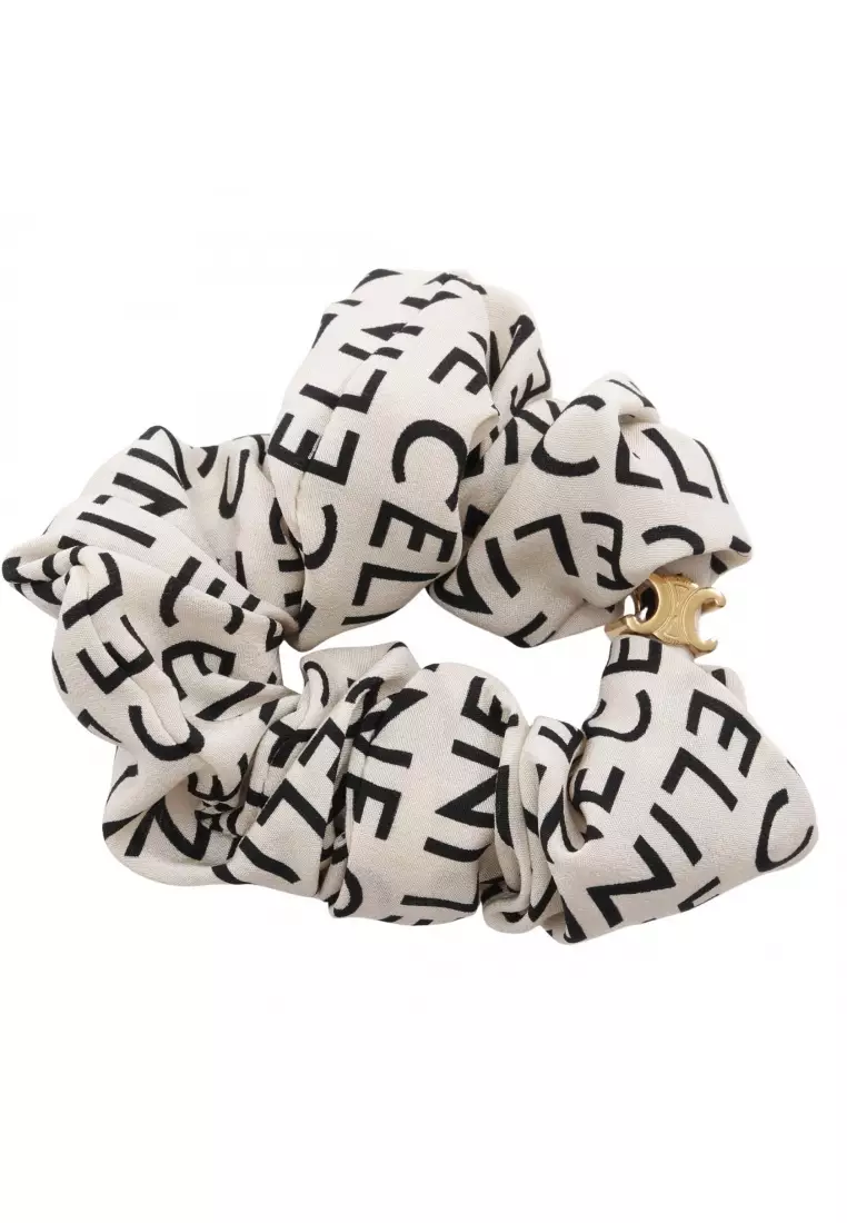 Pre-Loved Celine Triomphe scrunchie hair accessory logo print silk light beige black